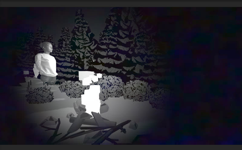 The trail-camera view: greyscale, vignetted, grainy — the hiker seen from the position the player occupies.
