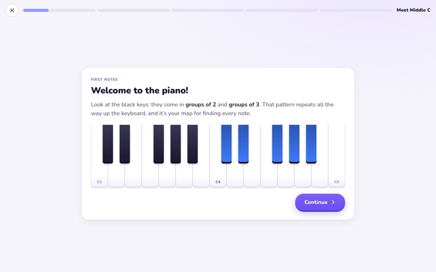 A learn step: the idea on an illustrated keyboard before any playing.