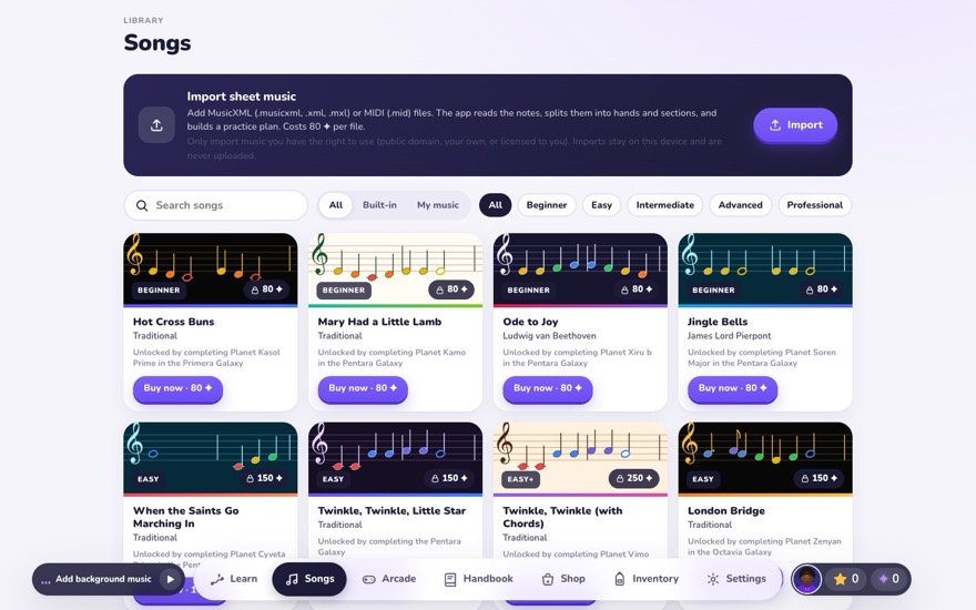 Songs, with sheet-music import and difficulty filters.