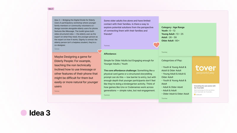 The research board, unretouched: the direction that became Spark, with the affordance argument on the green note.