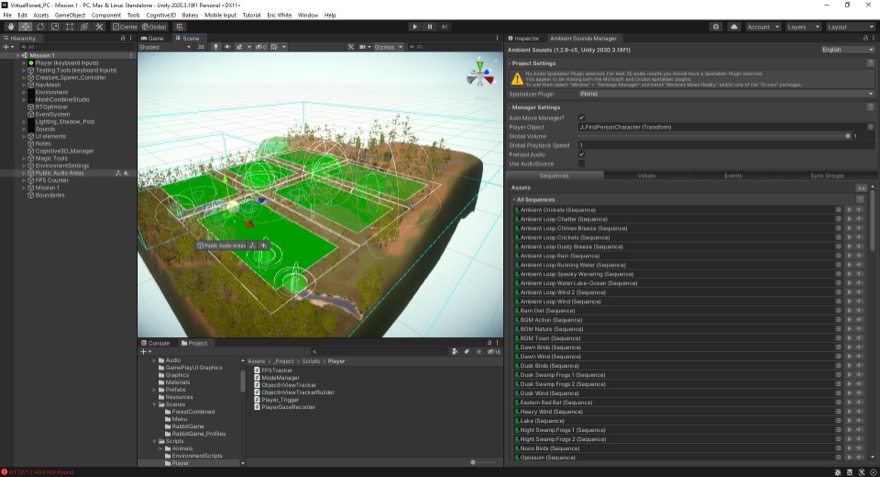 Ambient Sound Manager audio areas laid over the terrain, each zone carrying its own ambience.