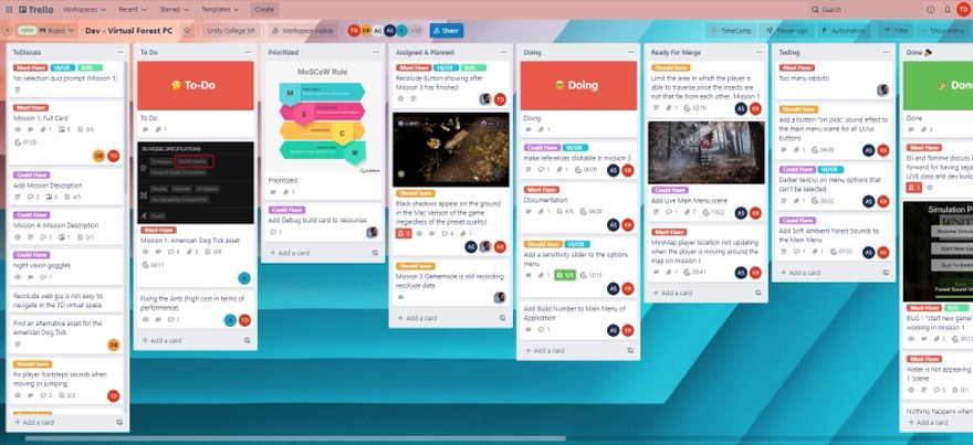 The team board: MoSCoW priority and UI/UX labels, from discussion through Ready for Merge and Testing to Done.