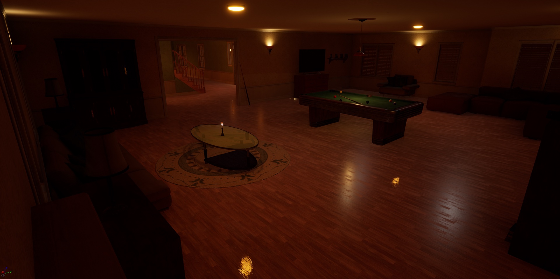 A living room with a pool table, a low glass table on a rug, and a doorway into a lit hall.