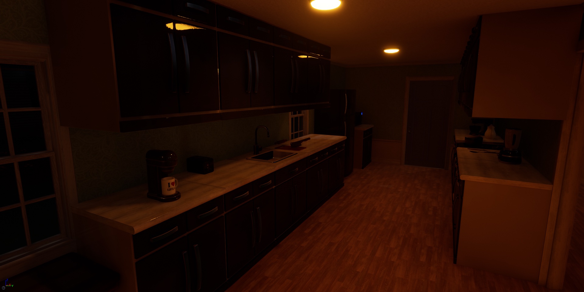 The kitchen: dark cabinets, a coffee maker on the counter, and an open doorway at the far end.